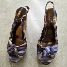 Load image into Gallery viewer, Moda Spana Nika Blue/Gold Silk Platform Wedge Heel Open Toe Shoes
