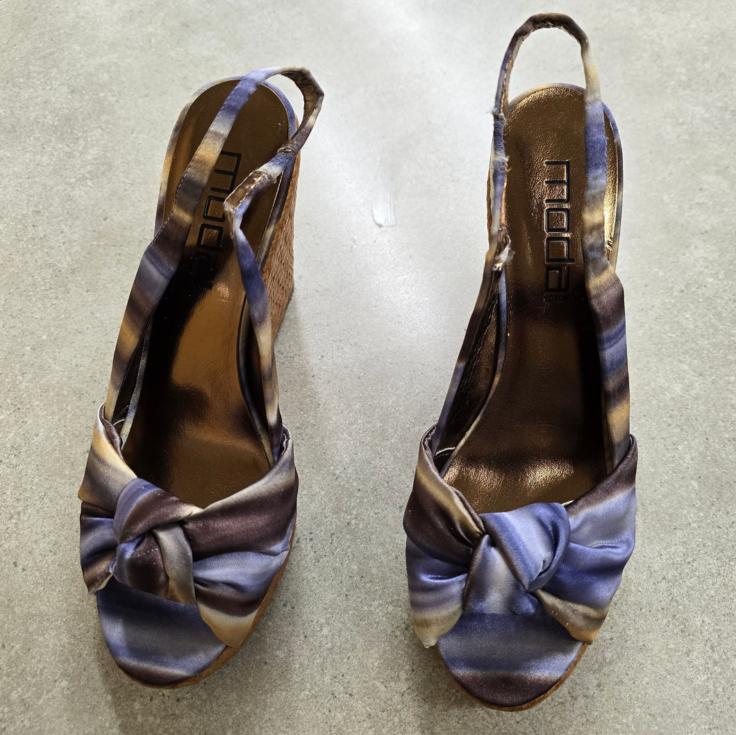 Moda Spana Nika Blue/Gold Silk Platform Wedge Heel Open Toe Shoes