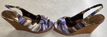 Load image into Gallery viewer, Moda Spana Nika Blue/Gold Silk Platform Wedge Heel Open Toe Shoes
