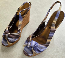 Load image into Gallery viewer, Moda Spana Nika Blue/Gold Silk Platform Wedge Heel Open Toe Shoes
