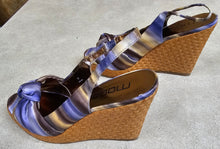 Load image into Gallery viewer, Moda Spana Nika Blue/Gold Silk Platform Wedge Heel Open Toe Shoes
