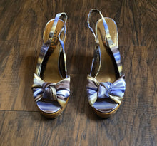 Load image into Gallery viewer, Moda Spana Nika Blue&amp;Gold Silk Platform Wedge Heel Open Toe Shoes(8M)
