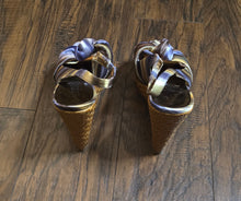 Load image into Gallery viewer, Moda Spana Nika Blue&amp;Gold Silk Platform Wedge Heel Open Toe Shoes(8M)
