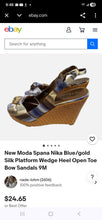 Load image into Gallery viewer, Moda Spana Nika Blue&amp;Gold Silk Platform Wedge Heel Open Toe Shoes(8M)
